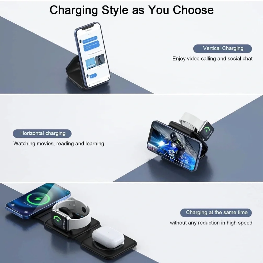 RTOPS 3-in-1 portable magnetic wireless charger in black